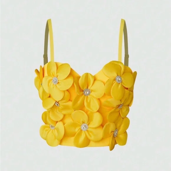 Yellow Floral Appliqué Bustier Crop Top Size M - Picture 1 of 7